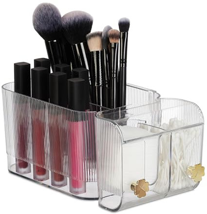 Relaxdays Kosmetik Organizer, 4 Fächer & 2 Haken, Wattestäbchenbehälter, Klebe-Wandmontage, Kunststoff, transparent/Gold