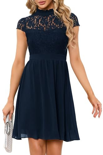 HOMEYEE Damen Elegant Kurzarm Blumen Spitze Abendkleid für Hochzeit Rockabilly Chiffon Cocktailkleid A372 (M, Dunkelblau)