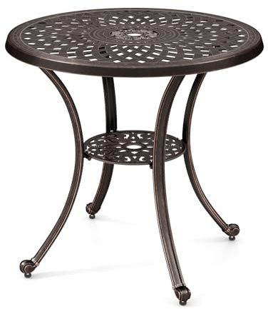 GIANTEX Gartentisch runder Balkontisch φ79 cm Bistrotisch mit φ5 cm Schirmloch & unterer Ablage Terrassentisch aus Aluminiumguss wetterfest Couchtisch Esstisch Kaffeetisch für Garten Bronze
