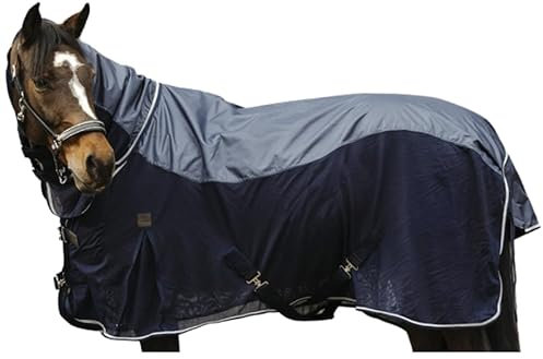 EQUITHÈME - Regen- & Fliegendecke mit Halsteil 420D | Pferdedecke mit Mesh, Kreuzgurten, Beinschnüren & Schweiflatz | wasserdichte Regendecke in Marineblau | Outdoordecke für Pferde | 135cm