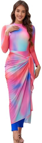seafanny Women Muslim Swimwear Long Sleeve 4 Pieces Modest Burkini Swimsuit with Back Zipper + Sarong Blue 8-10