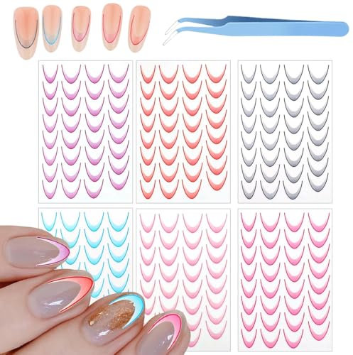 XENQITO 6 Hojas Pegatinas Para Uñas Francés, 3D Uñas Art Pegatinas Autoadhesiva con Pinzas, Pegatinas Uñas Francesa Adhesivas, Pegatinas de Uñas Francesas, Accesorios de Uñas, para Diseño Uñas DIY