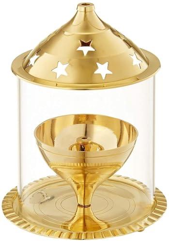 Lampada a olio Diya in ottone con copertura in vetro – Tradizionale Puja Deepak per casa e tempio – Fiamma durevole con elegante design a stelle