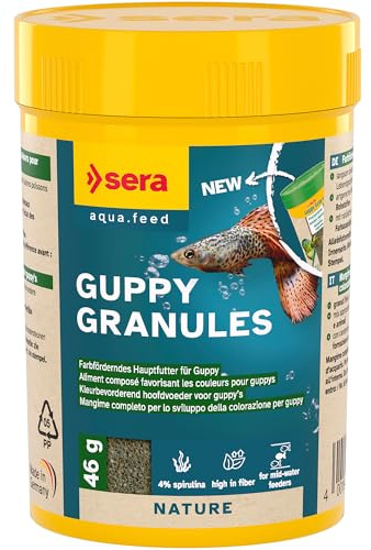 Sera Guppy Granules 100 ML (46 g) | Aliment Composé Digeste pour Guppys et Poeciliidés sans Colorants ni Conservateurs | Granulés Nutritifs avec Spiruline et Minéraux Naturels