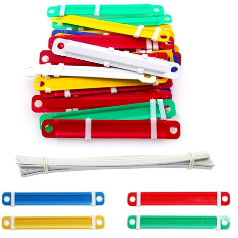 Lot de 50 attaches à papier, pince à 2 trous, espacement des trous de 8 cm, bandes de reliure en plastique coloré pour bureau, école, fichiers papier, classeur