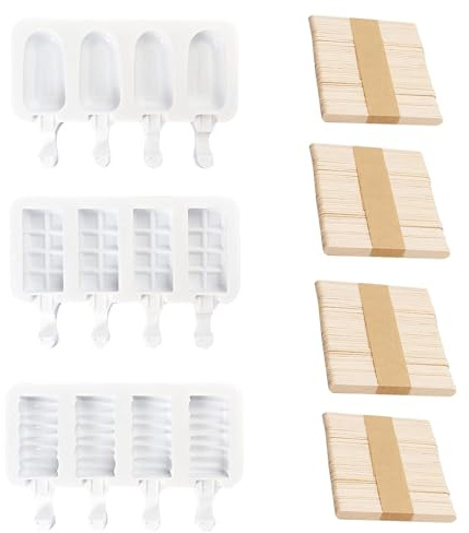 ZORYNTH Popsicle Molds Set, 3 Silicone Ice Cream Bar Molds with 200 Wooden Sticks, Frozen Treats Molds Reusable, Non-stick, Easy to Use, Summer Treats, Kid Party, DIY Snacks