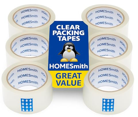 HOMESmith 6 Rolls Clear Packing Tape – Parcel Tape 48mm x 66m, Sticky Box Tape for Home, Office, Shipping, and Moving