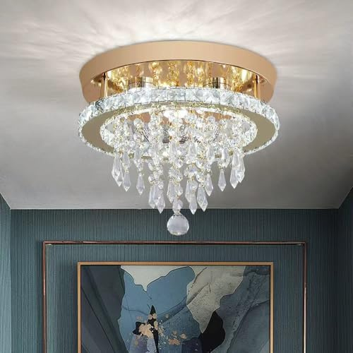Deckrico Modern Gold Crystal Chandelier LED Ceiling Light Flush Mount Lighting Fixture for Bedroom, Hallway, Kitchen, Closet – Cool White
