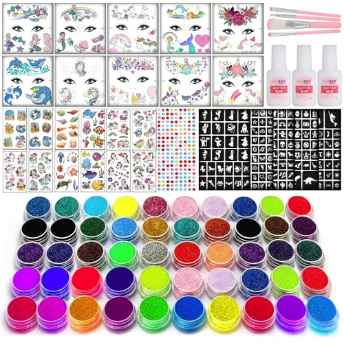 50 Colour – Glitter Tattoos for Kids, Glitter Tattoo Kit, Temporary Tattoos for kids, 200+ Stencils, 50 Colour (15 Neon), +10 Face Tattoos, 100+ Temporary Tattoos, 1000+ Rhinestones