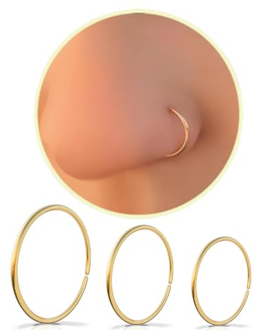 WIIKKOPM 3pk Titanium Gold Nose Rings, Thin Guage 22G, 6mm 8mm 10mm, Snug Super Snug rings for septum lip Tragus Ear Hypoallergenic, Skin Freindly Bending Hoops