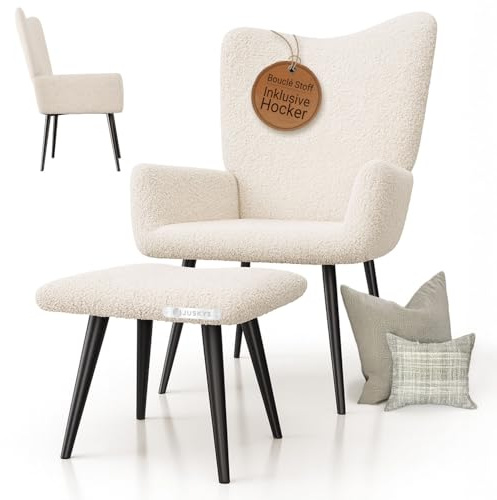 Juskys Fauteuil à Oreilles Odense avec Repose-Pieds, Fauteuil Relax en Tissu bouclé, Style scandinave, Dossier Haut & rembourré, Structure en Acier – Beige