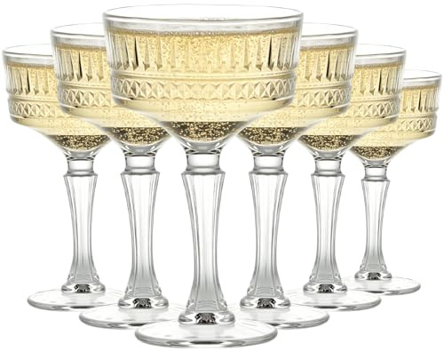 6 PCS Ribbed Coupe Glass Set, 265ml Vintage Coupe Glasses Unique Martini Glasses Classic Cocktail Server Bar Drinking Cups, Perfect for Cocktails Wine Champagne and Gift