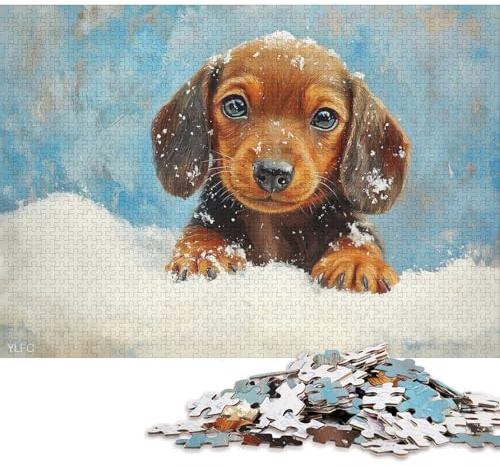 Adults 1000 Piece Jigsaw Puzzle Dachshund Puppy in Snow Painting Sausage Dog Wall Art Wooden Puzzles Brain Teaser Puzzles For Adults 1000pcs (75x50cm)