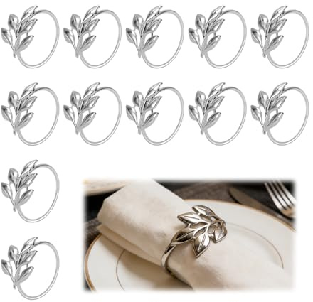 Elegant Silver Leaf Napkin Rings Set, 12Pcs Napkin Holders For Thanksgiving Weddings Parties, Napkin Buckles With Sophisticated Leaf Design, Durable Polished Finish, Table Accessories To Enhance Décor