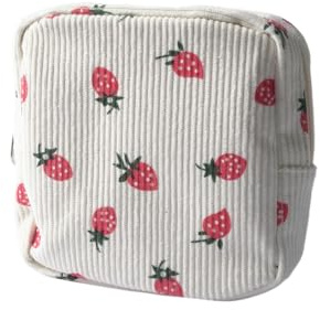 Small Makeup Bag, Mini Toiletries for Women, Portable Travel Cosmetic Bag with Compartments, Strawberry Beige Printing Corduroy Cute Pouch with Zipper, for Women Girls Gift