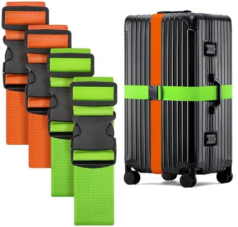 WISYOK Luggage Straps Extended, 4 Pack, 130-250cm Adjustable, Green Orange | Case Strap for Suitcase, Luggage Belt with Quick Release Buckle, Suitcase Identifier for Travel, Flight, Vacation, Trip