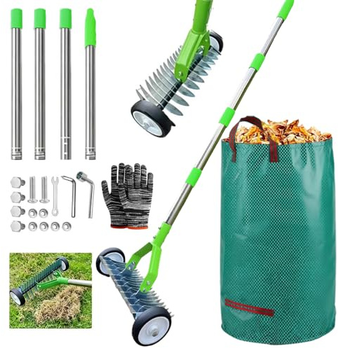Scarificatore manuale con ruote, 165 cm, scarificatore a mano con sacco per rifiuti da giardino, rastrello con manico, rastrello da taglio con manico, scarificatore a mano, per eliminare il feltro del
