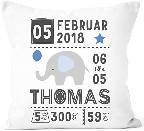 SpecialMe® personalisierbares Kissen zur Geburt Elefant, Geburtskissen Jungen Mädchen, Namenskissen Geschenk Geburt, Kissen-Bezug ohne Füllung Junge weiß Unisize