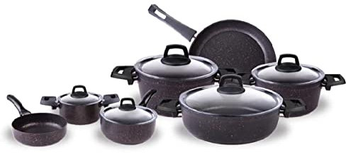 Karaca Biogranit Blackgold 12-Teiliges Kochgeschirr-Set, Kochgeschirr-Set, Topf, Niedriger Topf, Geklemmte Kuchenform, Bratpfanne, Lange Lebensdauer, Gesunde, Fortschrittliche,Technologie, Topfdeckel
