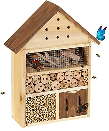 Relaxdays Hotel per Insetti, Alveare per Api e Vespe, da Giardino, Balcone, Casetta da Esterno, 35x27,5x10 cm, Naturale