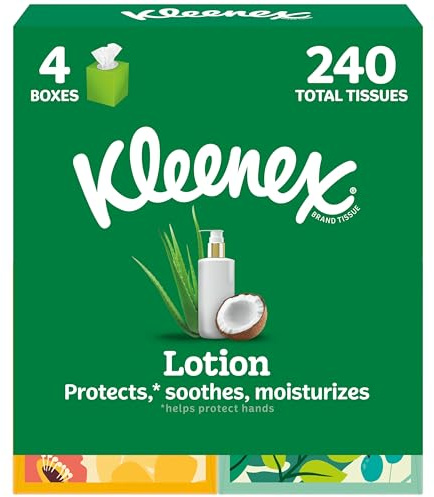 Kleenex Soothing Lotion Facial Tissues with Coconut Oil, Aloe & Vitamin E, 3-Ply, 4 Cube Boxes, 60 Tissues per Box (240 Tissues Total) - Package May Vary
