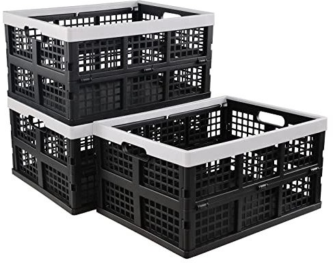 Ikando 3 Packs 30 L Black Foldable Crate, Plastic Collapsible Storage Box, Stack Folding Crates Basket