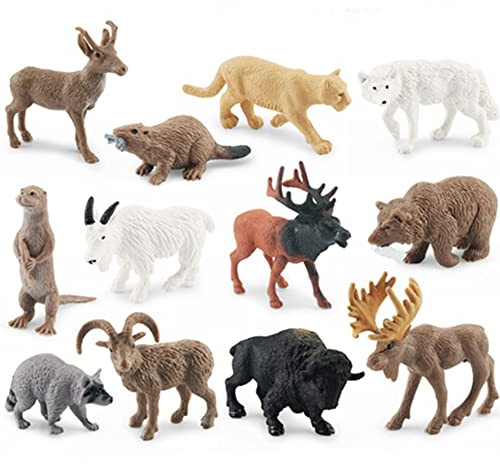 OUKEYI Juego de 12 figuras de animales polares de animales del Ártico, incluye alce, cabra salvaje norteamericana, alce, nutria, castor, cuerno de diente para niños pequeños. Regalo de cumpleaños
