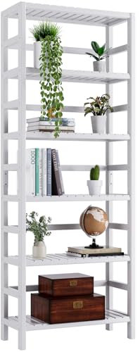 HITNET White Bookshelf, 6-Tier Adjustable Tall Bookcase, Bamboo Book Shelf Organizer, Free Standing Storage Shelving Unit, Display Flower Plant Stand for Small Spaces