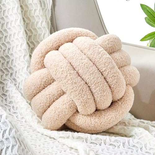 Uvvyui Cojín en forma de bola con nudos, cojín decorativo suave para el hogar, cojín redonda, hecho a mano, cojín redondo de felpa anudado (28 cm, beis)