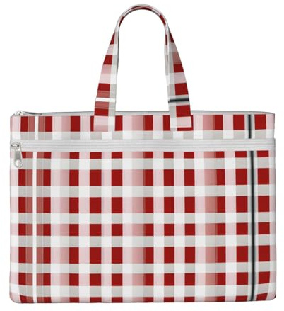 SDEGTHO Red Checkered White Squares Zippered Document Bag With Handle For Carrying Paper Files Books Filing Folder