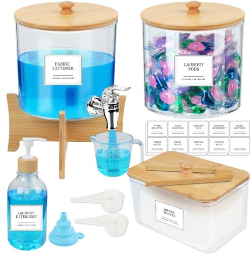 7L Laundry Detergent Storage Set, 10PCS Washing Pods Storage Container Fabric Softener Dispenser with Labels and Bamboo Lids&measuring Cup, Large Capacity Laundry Pods Storage Container with Stand