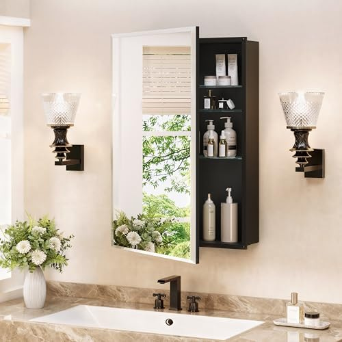 MemoCastle Medicine Cabinet with Mirror, 16 x 24 Frameless Beveled Bathroom Mirror with Storage, Aluminum Recessed or Wall Mount Medicine Cabinet, 6 Adjustable Shelves for Tall Bottles, DTC Soft Close
