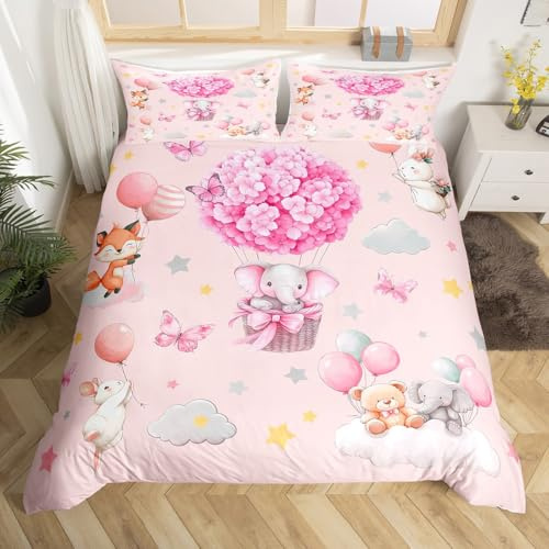 Homemissing Filles Belle Rose Housse de Couette 200x200cm Enfants Animaux et Fleur à air Chaud Impression de Ballon Parure de Lit éléphant Lapin et Ours Ensemble de literie, Doux et Respirant