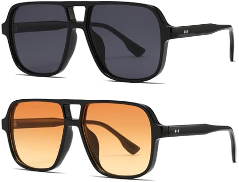 Long Keeper Gafas de Sol Cuadradas Vintage Mujer Hombre Retro Gafas de Sol Piloto con Doble Puente Gafas de Piloto Vintage Años 70 (Negro/Gris Oscuro+Negro/Naranja)