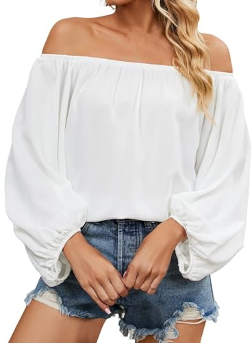 KBOPLEMQ Blusa con hombros descubiertos para mujer, manga larga, parte superior de gasa sexy, blusa de verano, holgada, informal, bohemia, túnica, elegante, informal, de verano, blusas