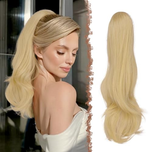 FESHFEN Coda Capelli Extension con Coulisse, Naturali Ondulati Lunga Ricci Posticci Sintetici Biondo Champagne Coda Cavallo Extensions Posticci Capelli per Donna, 50 cm