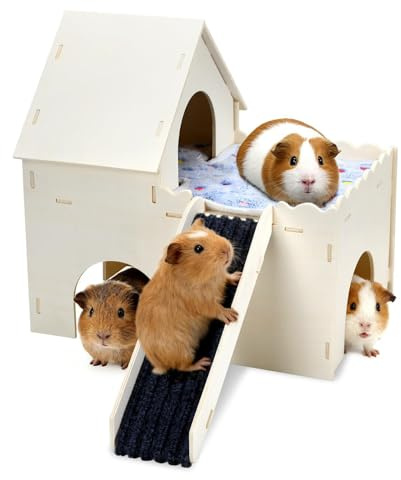 PETKNOWS Guinea Pig Hideout, Upgraded Guinea Pig Castle with Guinea Pig Ramp and Mats Large Guinea Pigs House for Playing Easy Assembly Wooden Guinea Pig Hideout for Small Animal Habitats