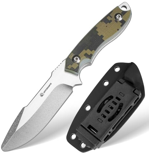 SPITZKANTE Kids Knife for Boys – Scout Training & First Outdoor Knife with Rounded Tip & Unsharpened D2 Steel Blade, Stonewashed Finish, G10 Camo Handle – Outdoor Skill Learning Tool