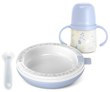 Suavinex, Kit Vaisselle Bébé avec Assiette Thermique, Maintient les Repas au Chaud. Comprend : Cuillère en Silicone + Tasse d'Apprentissage Bec en Silicone + Assiette, +6 Mois, Wild&Free, Bleu