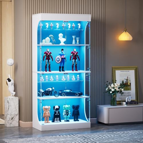 KOMHTOM Vitrine en Verre avec LED pour Collection, Meuble de Rangement avec Portes Vitrées et Capteurs Intelligents, pour Salon , Chambre à Coucher, Bureaux (Blanc-A)