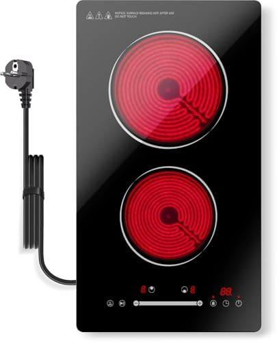 GRACEALL Placa Vitrocerámica 2 Zonas 3000W 30 cm, Placa Eléctrica Domino Encastrable o Portátil con Enchufe, Temporizador, Pausa, Mantener Caliente y Bloqueo Infantil, Slide-EU23S1