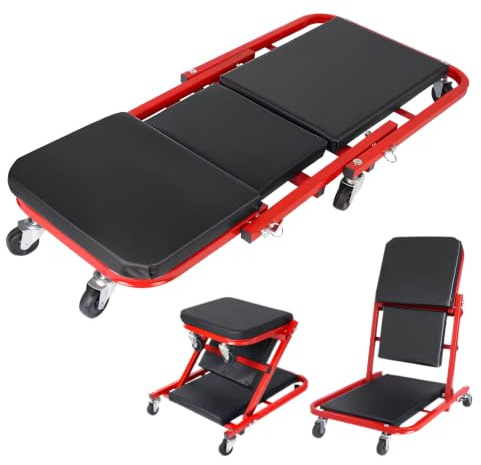 YASTA Carrello sotto Auto 2 in 1 Sgabello da Officina Meccanico Lettino Pieghevole 90cm Portata 150Kg Sedile Riparazione Imbottito con 6 Ruote Girevoli