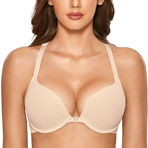 DOBREVA Damen Vorderverschluss Push Up BH mit Bügel Soft T Shirt Tiefen Ausschnitt BHS Neckholder Gepolsterter Beige 85B