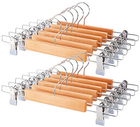 ELONG HOME Wooden Pants Hangers 12Packs, Skirt Hangers with Adjustable Clips, Non Slip Wood Clothes Hangers with Clips, Space Saving Hangers for Pants Skirts Trousers Slacks Jeans