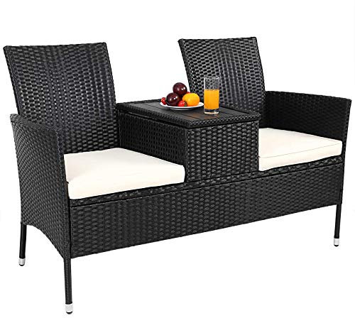 Casaria® Gartenbank Wetterfest UV-beständig Polyrattan Tisch Aufbewahrungsbox Auflagen 320kg Belastbarkeit Garten Balkon Möbel Bank 2-Sitzer Schwarz