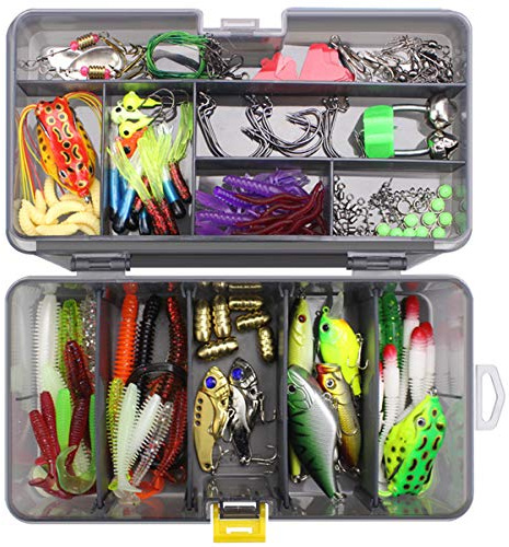 Leurres de pêche Kit avec Boîte à Outils Portable, RoseFlower 168 Pièces Flottante Set Appât de Pêche Hameçons Basse Accessoires Avec Spinnerbaits, Plastique vers, Minnow, Grenouille Appât - Baits Kit