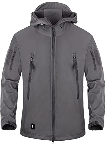 Giacca militare calda in pile a maniche lunghe con cappuccio, mimetica, softshell, impermeabile, da uomo, per campeggio, caccia, pesca, attività all’aria aperta grigio L