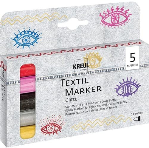 PAINT IT EASY NEU 5er Set Textil Marker/Stoffmalstift, Glitter, Medium, 2-4 mm, Rot, Rosé, Schwarz, Silber, Gold
