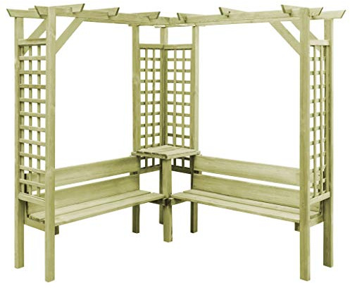 Keketa Pérgola de esquina con banco de jardín, pérgola de madera, arco de jardín, enrejado, arco de rosas con banco de ayuda para enredaderas para plantas trepadoras, madera de pino impregnada