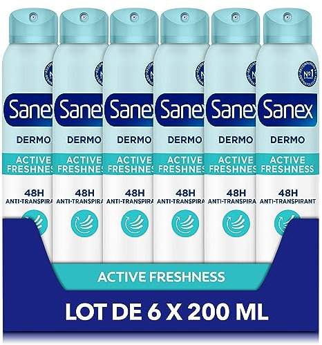 SANEX Deodorant, Anti-Transpirant, Dermo Active Freshness, 48 Stunden Schutz gegen Flecken und Gerüche, stellt den pH-Wert der Haut wieder her – für eine gesunde Haut – dermatologisch getestet – 6 x